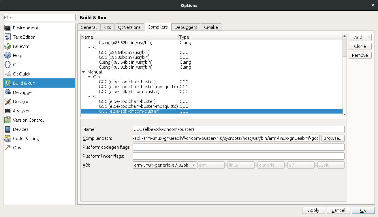 Example configuration for the compiler of the SDK